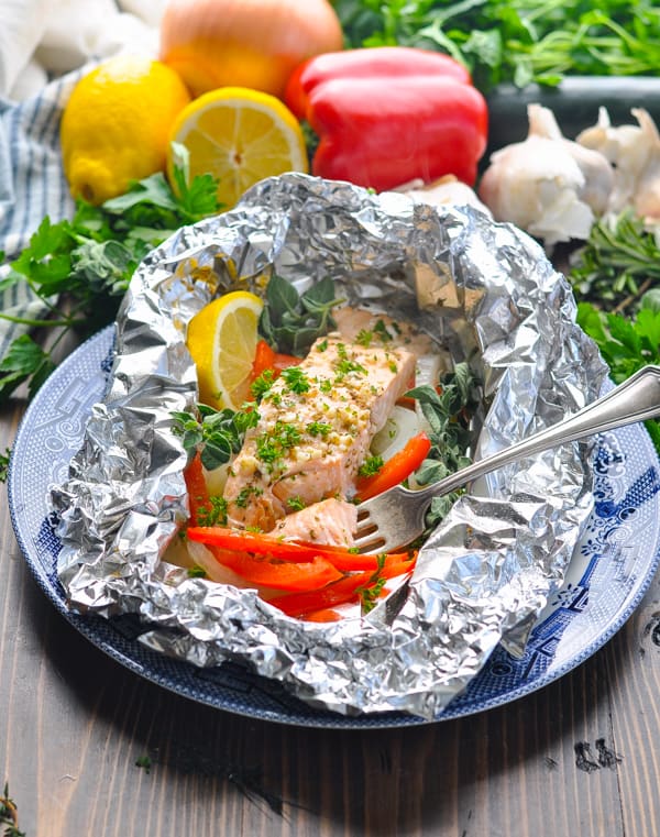 Piece of salmon baked in foil