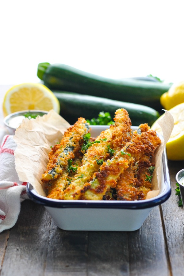 Front shot of basket of crispy baked zucchini fries