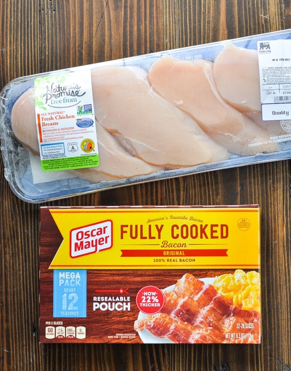 Boneless chicken breasts and cooked bacon
