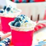Cup of strawberry Jell-O topped with blueberries and whipped cream