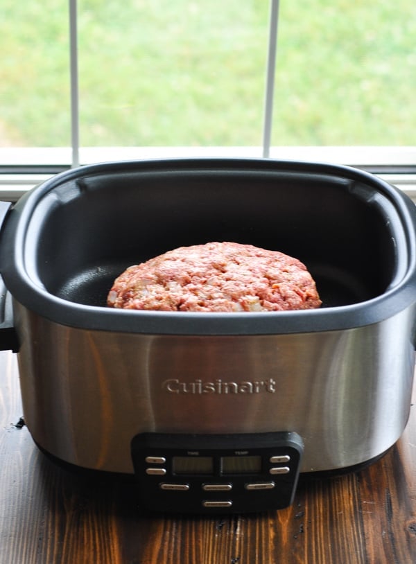 Raw meatloaf in slow cooker