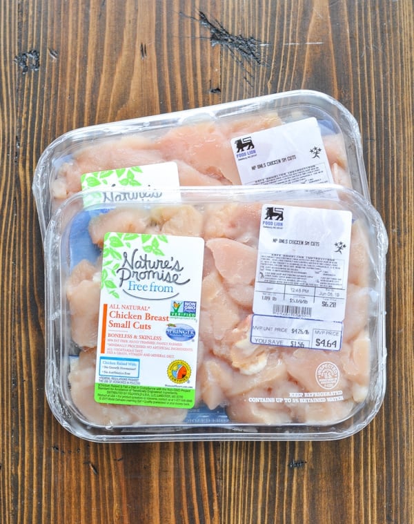 Two packages of diced chicken breast pieces, used for homemade baked chicken curry.