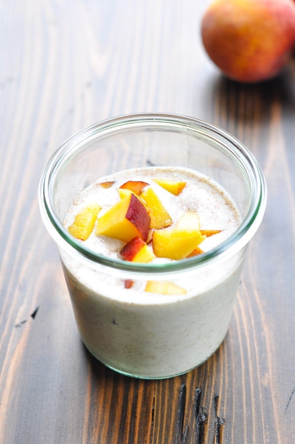 Overnight oatmeal with fresh peaches on top