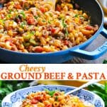 Long collage of cheesy ground beef pasta