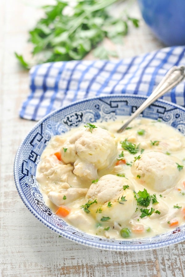 Close up front shot of chicken and dumplings in a blue and white bowl with serving spoon