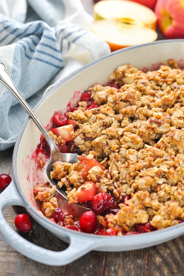 Cranberry Apple Crisp in a gray oval baking dish