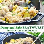 Long collage of Bratwurst recipe with potatoes and sauerkraut