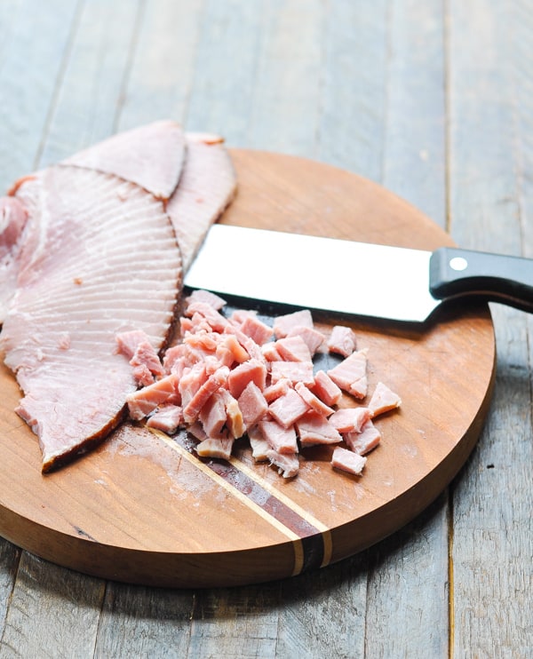 Chopped ham on a cutting board