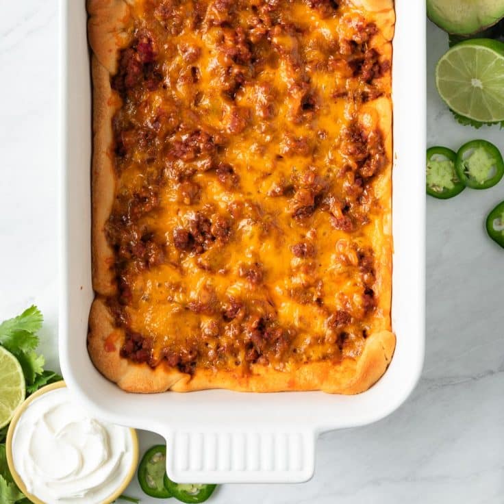 5 ingredient taco casserole baked in a white dish.