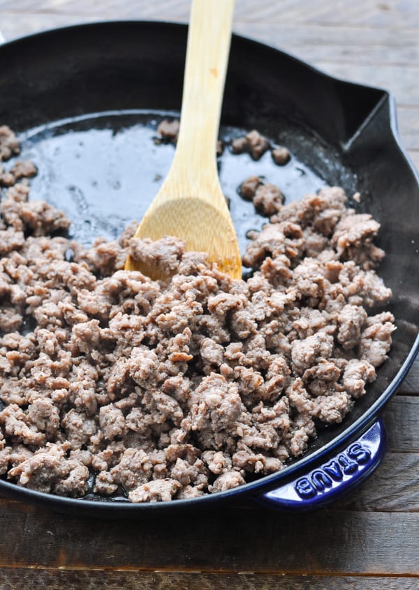 Browned pork breakfast sausage in a cast iron skillet