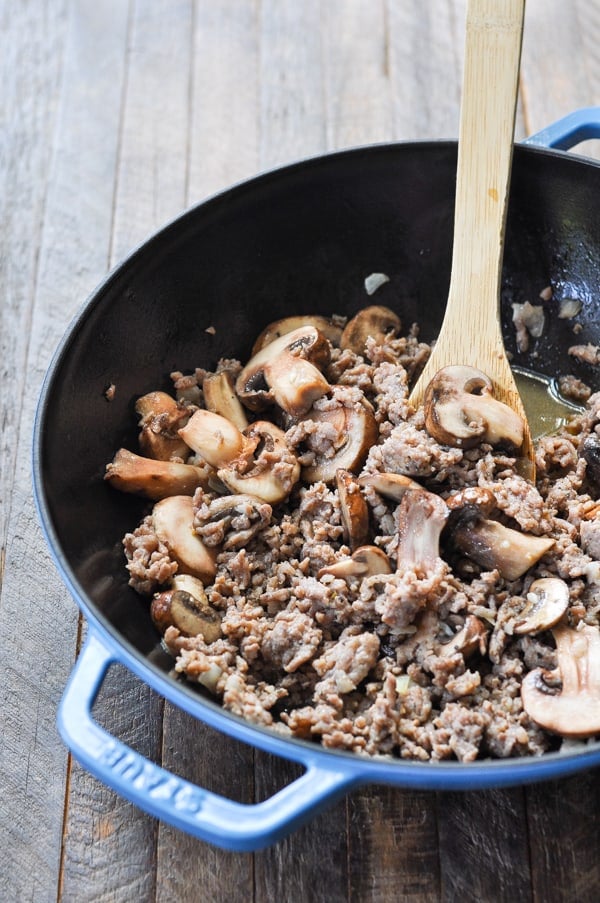 Beef and sausage mixture for spaghetti sauce in a skillet