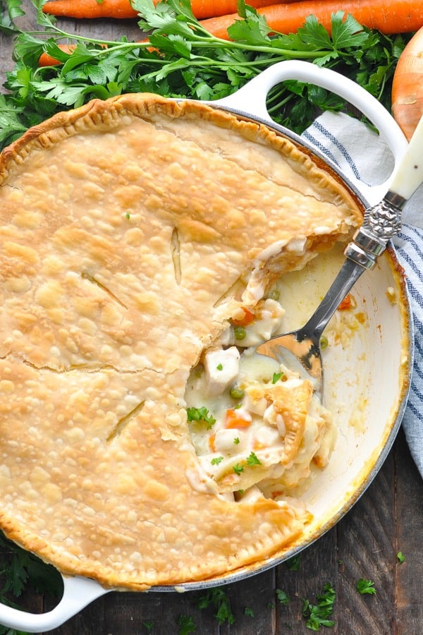 Close overhead shot of easy chicken pot pie in a white dish