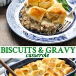 Long collage image of Biscuits and Gravy Casserole