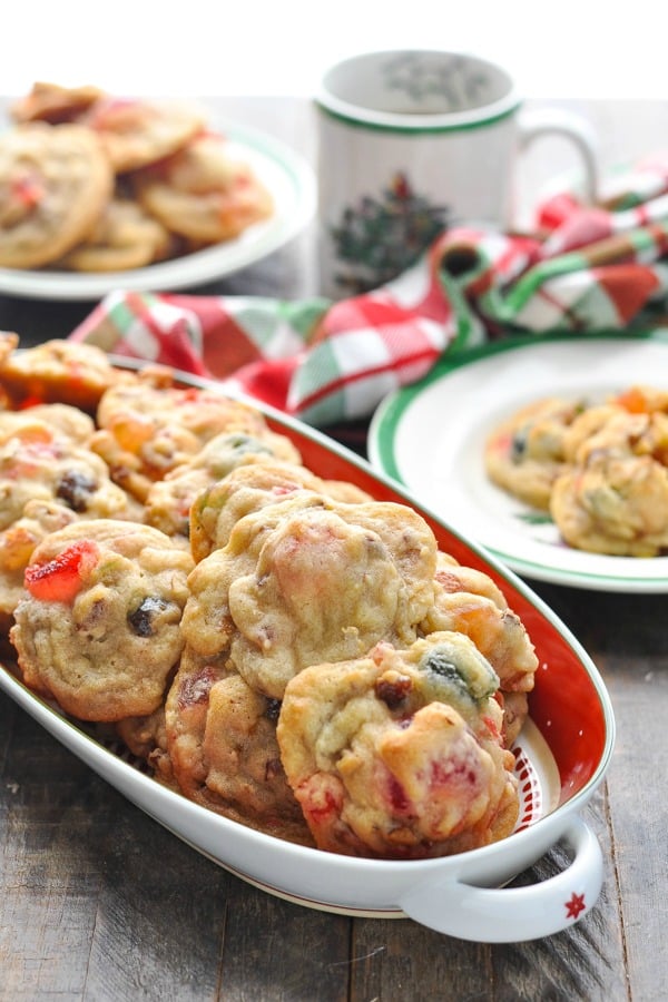 Fruitcake cookies on an oval Christmas platter