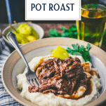 Side shot of a bowl of Mississippi Pot Roast with Mashed Potatoes and text title overlay