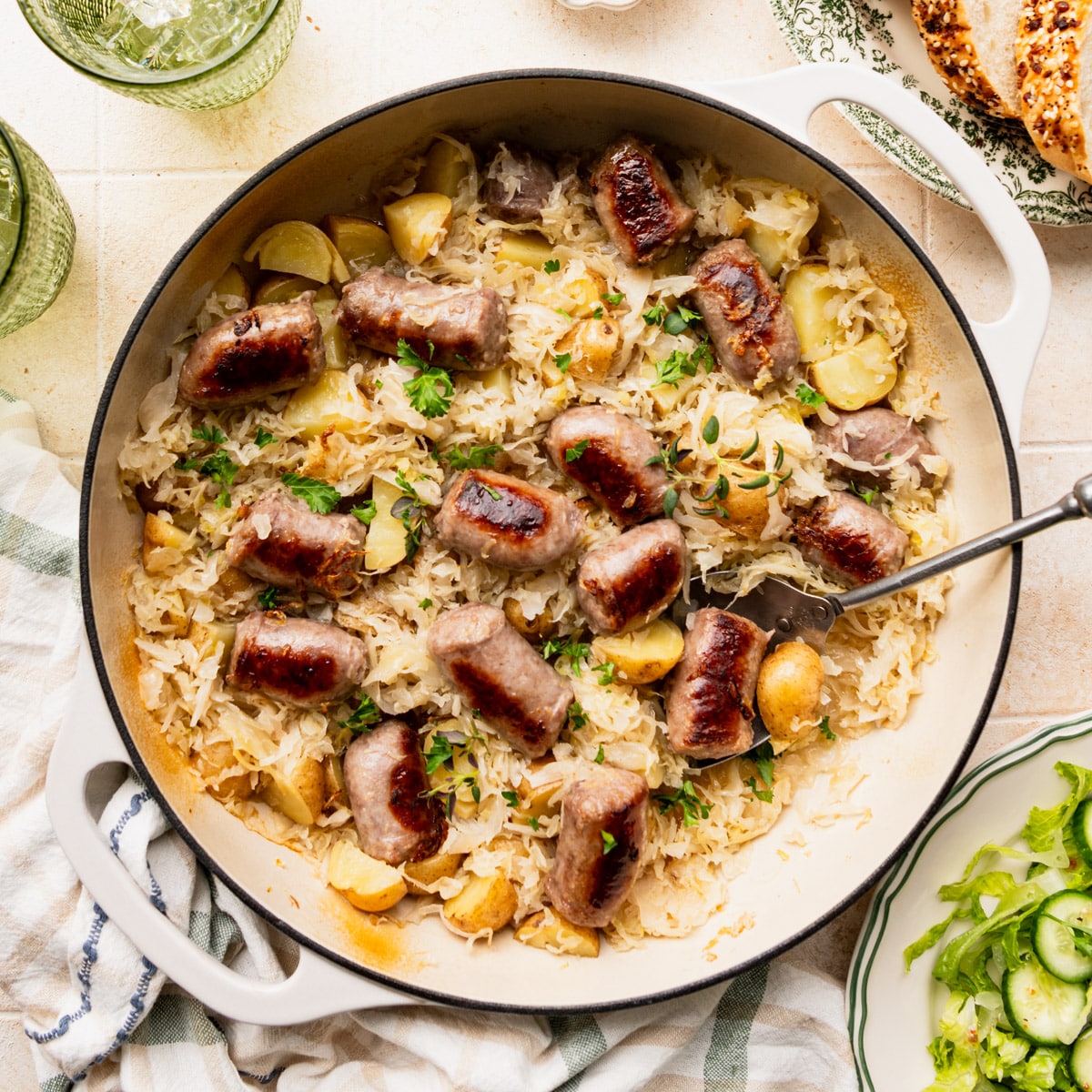 Bratwurst and Sauerkraut with Potatoes {Dump-and-Bake}