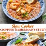 Long collage image of Cioppino recipe for the slow cooker