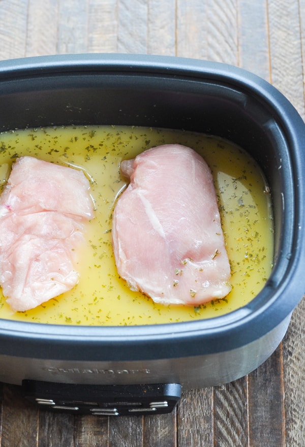 Chicken breasts and soups with herbs in a slow cooker for chicken and noodles recipe