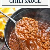 Pot of hot dog chili sauce with text title box at top