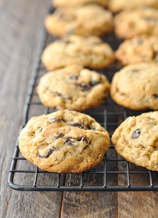 Baked oatmeal raisin cookies recipe on a cooling rack
