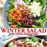 Long collage image of Winter Salad with citrus vinaigrette