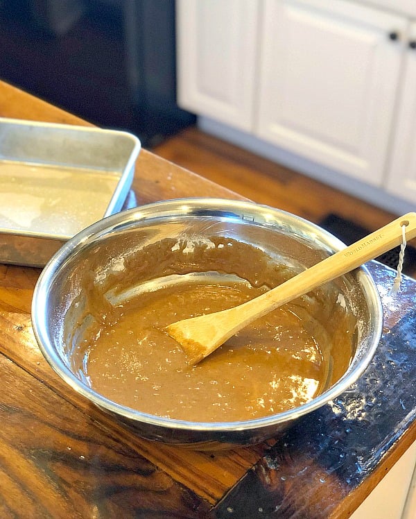 Gingerbread cake batter in a large mixing bowl