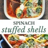 Long collage image of spinach stuffed shells