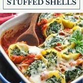 Spinach stuffed shells with text title box at top