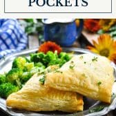 Turkey pot pie pockets with text title box at top.