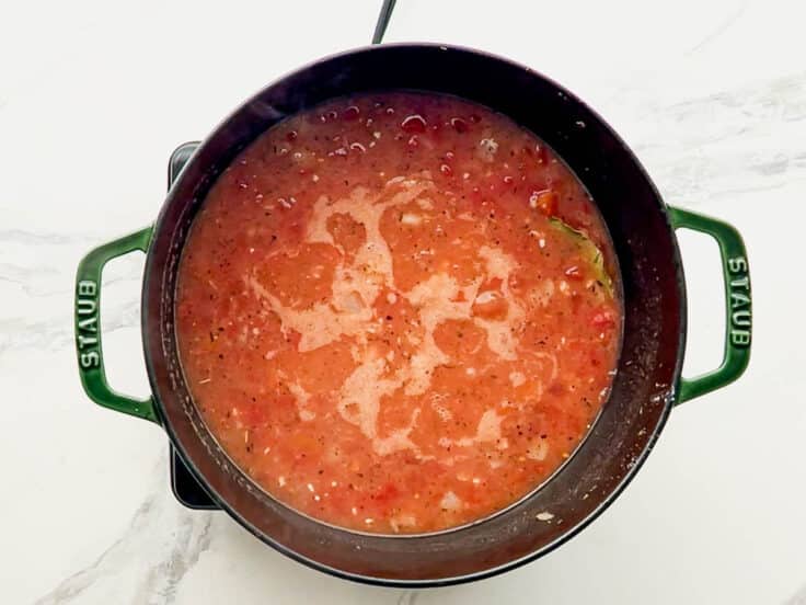 Simmering the tomato bisque recipe.