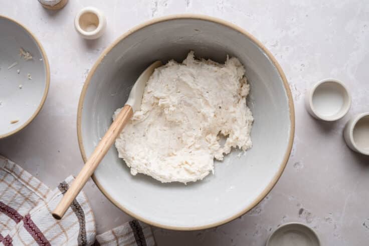 Turkey and cream cheese filling mixture in a large bowl.
