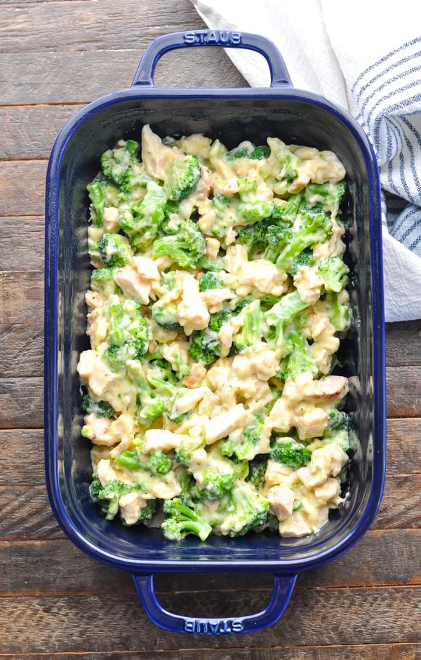 Prep shot of Chicken and Broccoli Casserole in a blue baking dish