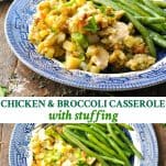 Long collage of chicken and broccoli casserole with stuffing