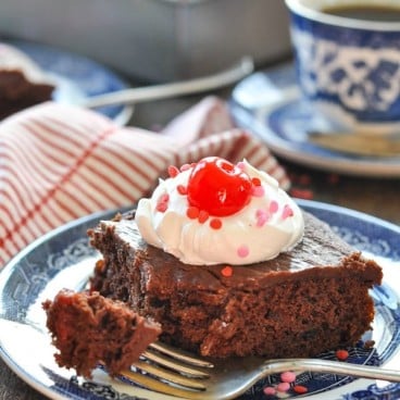 Front shot of a piece of chocolate cherry cake on a blue and white plate
