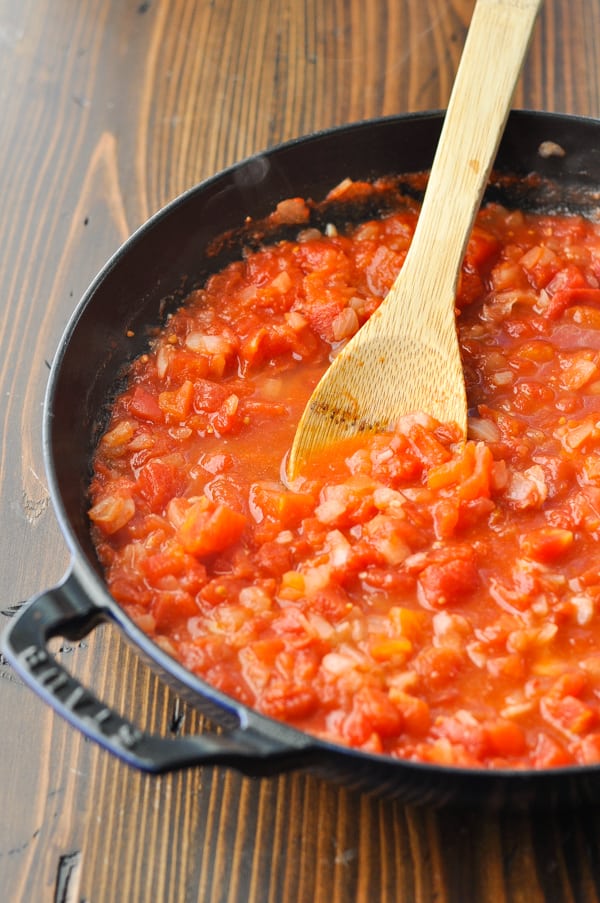Tomato sauce in a cast iron skillet
