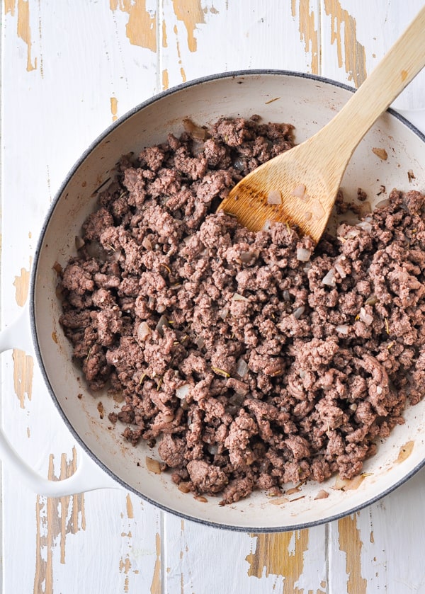 Overhead shot of ground beef filling for cottage pie