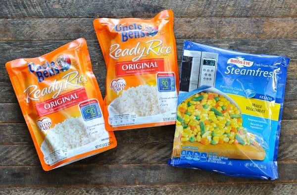 Rice and vegetables in packages for using in casserole recipe