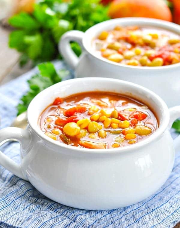 Close up front shot of Brunswick Stew in a white bowl