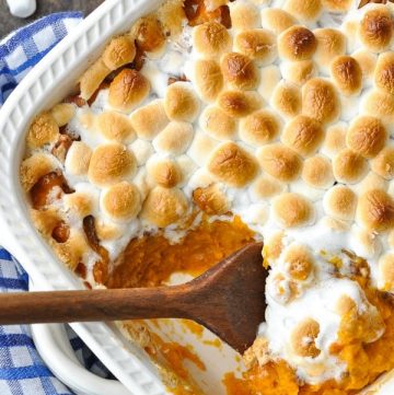 Close up overhead shot of sweet potato casserole with marshmallows on top