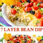 Long collage image of 7 layer bean dip