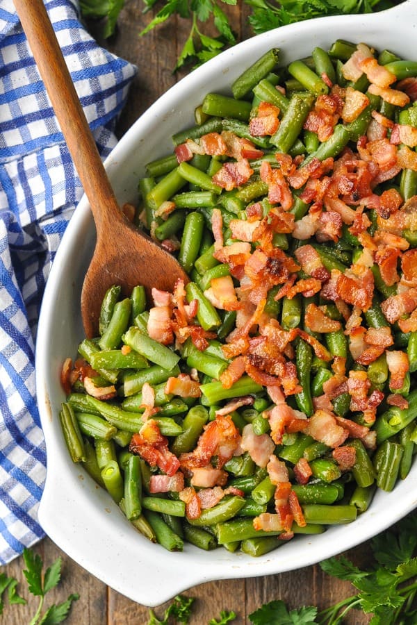 Close overhead image of Southern Green Beans with Bacon in a baking dish