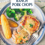 Close overhead shot of a plate of crockpot ranch pork chops with text title overlay