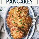 Tray of potato pancakes with text title box at top