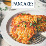 Side shot of a plate of potato pancakes with text title overlay