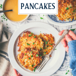 Overhead shot of a plate of potato pancakes with text title overlay