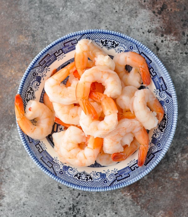 Bowl of poached cocktail shrimp