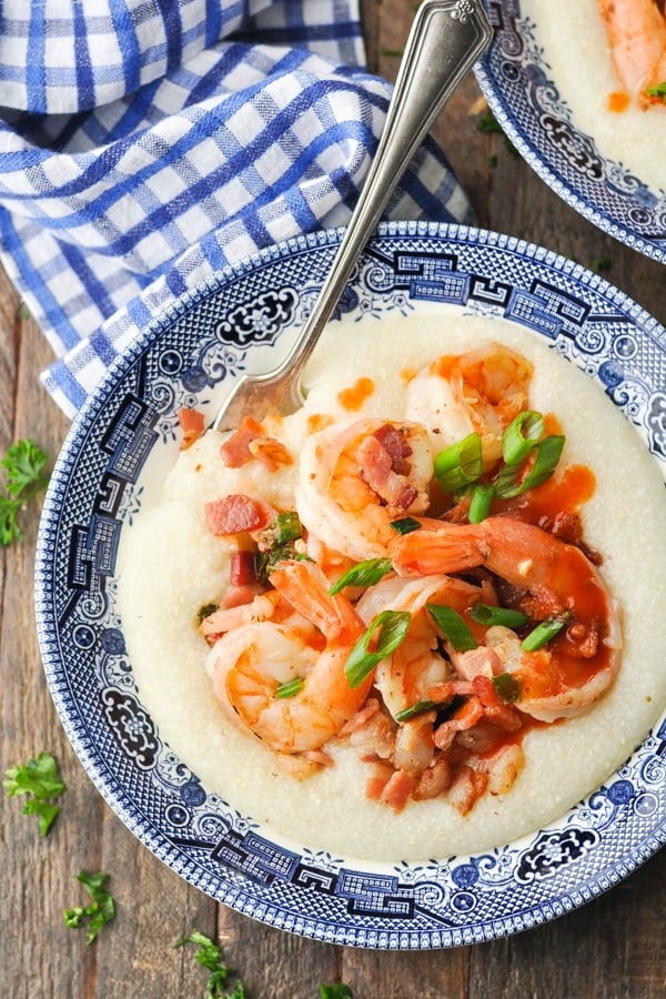 Close overhead shot of Southern Shrimp and Grits recipe