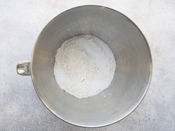 Dry ingredients in the stand mixer bowl.