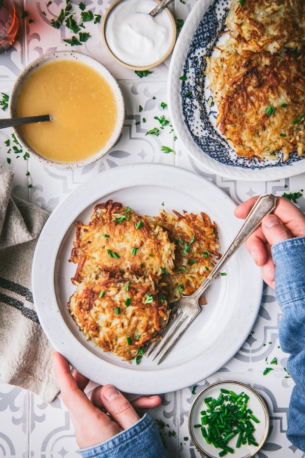 Overhead shot of a plate of great grandmother's best potato pancakes recipe