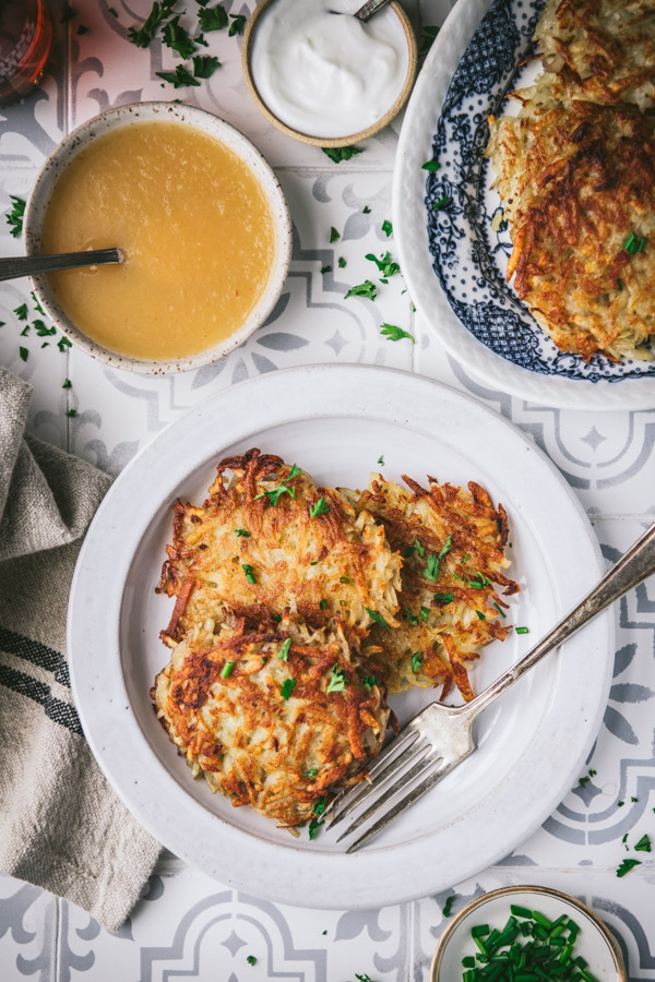 Plate of great grandmother's potato pancakes recipe on a white plate